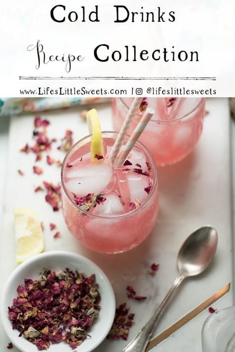 (MSG 21+) Cold Drinks Recipe Collection - We have gathered all the Cold Drink recipes (both with and without alcohol) on the blog to give you recipe inspiration for a iced treat or for Spring or Summer entertaining. From Rosewater Lemonade to Lavender Mint Water to Thai Iced Tea and Cold Coffee Drinks - we have you covered! (23+ recipes!)  #colddrinks #iced #cold #drinks #recipes #Summer #Spring #entertaining #frozendrinks #lemonade #tea #syrups Classic Lemonade Recipe, Rose Drink, Cold Drinks Recipes, Edible Rose Petals, Lemonade Drink, Lemon Cocktail, Rose Lemonade, Edible Roses, Rose Recipes