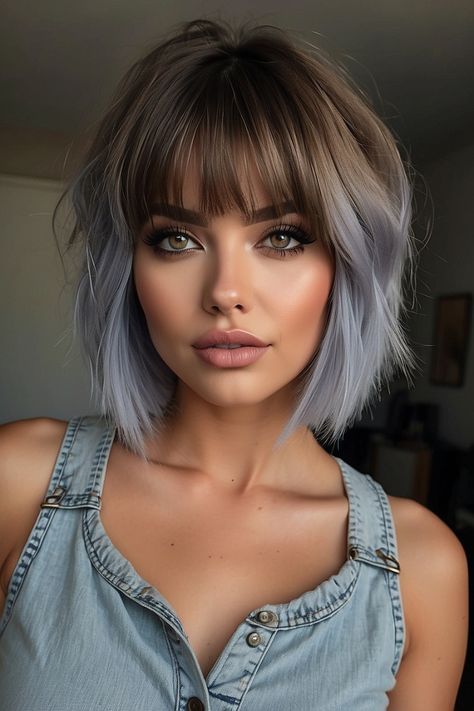 Short Unicorn Hair, Edgy Short Hair With Bangs, Short Brown And Purple Hair, Edgy Hair For Women Over 40, Lob Haircuts With Bangs, Short Choppy Bob Haircuts, Cute Short Hairstyles With Bangs, Smokey Hair, Lob Haircut With Bangs