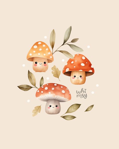 Cute Mushroom Watercolor, Cute Woodland Animals Illustration, Cute Mushroom Illustration, Cute Watercolor Illustration, Painted Mushrooms Ideas, Mushroom Illustration Cute, Cute Mushroom Painting, Cute Draws, Cute Mushroom Drawing