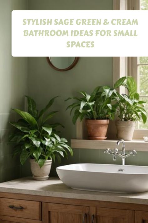 Sage green and cream bathroom with potted plants on a wooden countertop. Sage Green And White Small Bathroom, Khaki Green Bathroom, Cream And Sage Bathroom, Sage Green And Cream Bathroom, Sage Green And White Bathroom, Green And Cream Bathroom, Green And Beige Bathroom, Soft Lighting Ideas, Sage Green Tiles