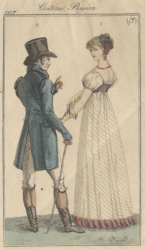 Antique 1807 early gentleman's fashion print Regency Georgian Costume Parisien Late Georgian Fashion, Regency Era Clothing, Georgian Period Fashion, Empire Fashion History, 1820s Womens Fashion, Regency Era Fashion Plate, 1790s Fashion Plate, Regency Period Fashion, Regency Era Art