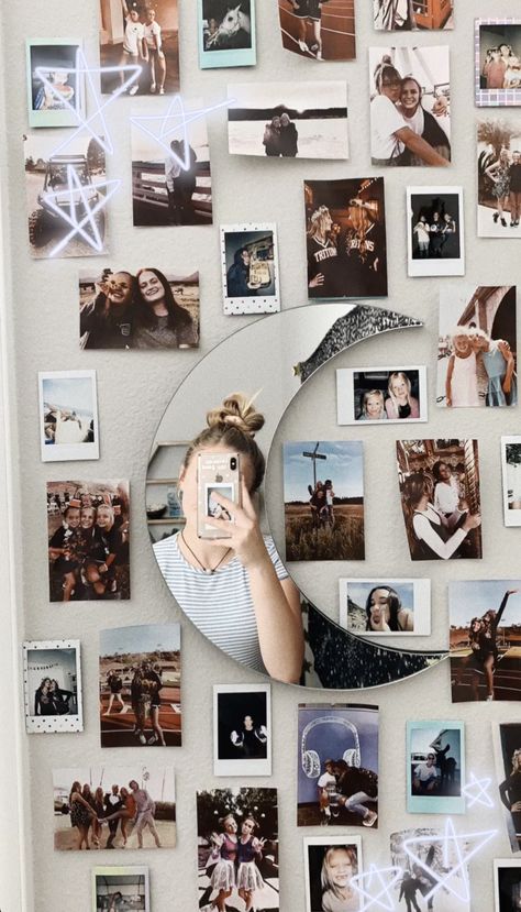 Polaroid Decoration Ideas, Polaroid Mirror, Moon Mirror Wall Decor, Hipster Bedroom Decor, Photo Walls Bedroom, Picture Wall Bedroom, Moon Mirror, Hipster Room Decor, Diy Room Decor For Teens