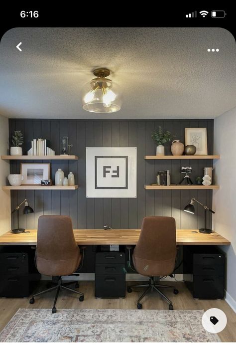 Two Desks, Library Home Office, Home Office Layouts, Office Layouts, Home Office Inspo, Modern Home Offices, Library Home, Basement Office, Home Office Library