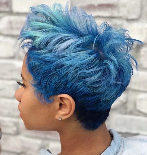 African American Pastel Blue Pixie Pixie Hair Color, Short Pixie Hairstyles, Short Blue Hair, Natural Dark Hair, Black Hair Ombre, Dark Ombre Hair, Pixie Haircuts For Women, Hairstyles Pixie, Pixie Haircut Styles