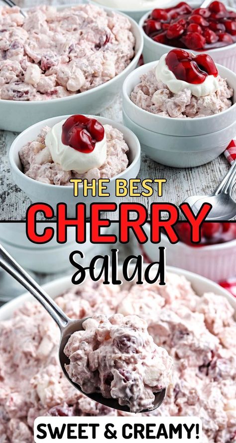 Cherry Salad with Cool Whip Cherry Pie Filling Salad Recipe, Cherry Jello Recipes, Cherry Salad Recipes, Dessert Salad Recipes, Cherry Fluff, Cherry Pie Filling Recipes, Cherry Salad, Pink Fluff, Fluff Salad Recipes