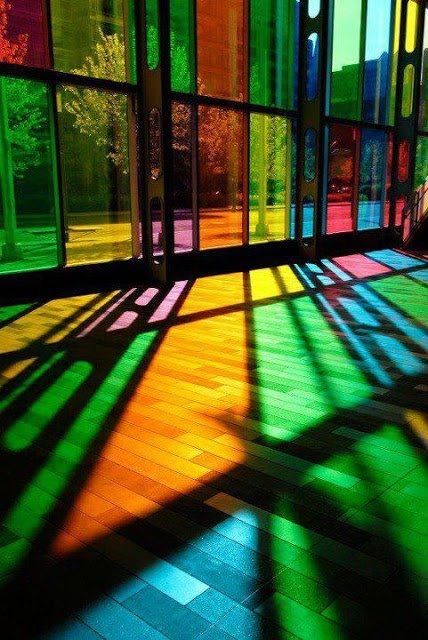 Colored glass windows effect reflection light sunlight daylight rays interior design Modern Window Film, Flat Marbles, زجاج ملون, Decorative Window Film, Charcoal Drawings, Tiffany Glass, Piet Mondrian, Window Film, Stained Glass Art