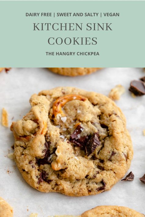 Kitchen Sink Cookie Recipe, Kitchen Sink Cookies Recipe, Everything Cookies, Sink Cookies, Kitchen Sink Cookies, Salty Cookies, Everything But The Kitchen Sink, Vegan Baking Recipes, Vegan Cookies Recipes