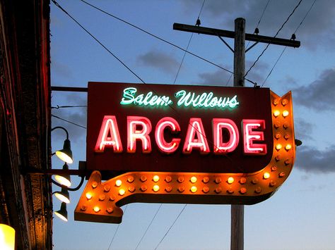 Arcade sign Arcade Food, Penny Arcade, Willow Park, Love Neon Sign, Salem Massachusetts, Salem Ma, Retro Arcade, Retro Sign, Old Signs