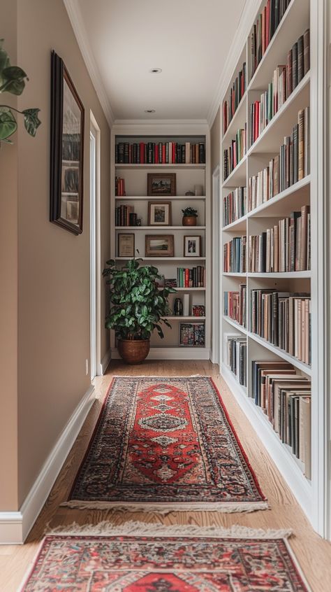 Elegant Beige Hallways: Inspiration for a Warm and Inviting Entrance - Remodr Long Dark Hallway Ideas, European Apartment Aesthetic, Long Hallway Decorating, Upstairs Landing Ideas, Landing Inspiration, Library Window, Interior Decoration Ideas, Ideas Baños, Home Library Design