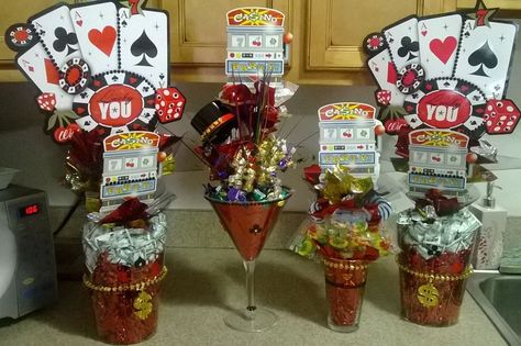 Las Vegas themed centerpieces Themed Centerpieces, Candy Bouquets, Package Ideas, Custom Candy, Candy Bouquet, Casino Party, Casino Theme, Care Package, Goodie Bags