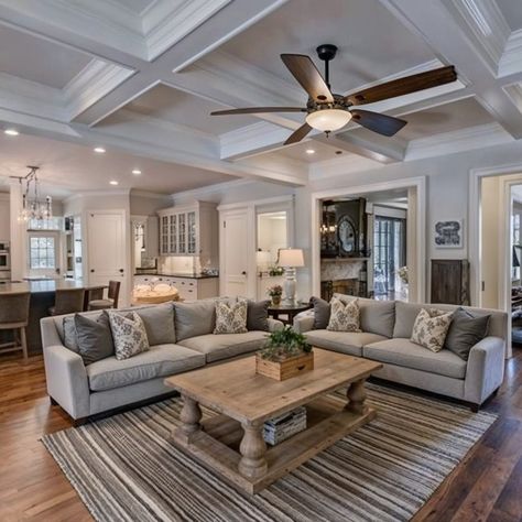 Living Room with Coffered Ceilings Coffered Ceilings Living Room, Cozy Sectional Living Room, Coffered Ceiling Ideas Living Room, Ceiling Ideas Living Room, Rustic Wood Coffee Table, Gray Sectional Sofa, Sectional Living Room Layout, Next Living Room, Wood Coffee Table Rustic