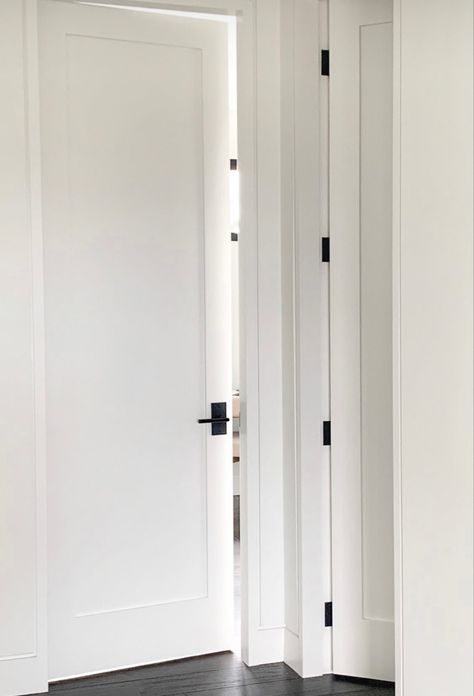 White Doors With Black Handles, White Doors With Black Hardware, 1 Panel Shaker Interior Door, White Bedroom Door, Basement Closet, Interior Door Styles, Black Interior Doors, Door Black, White Doors