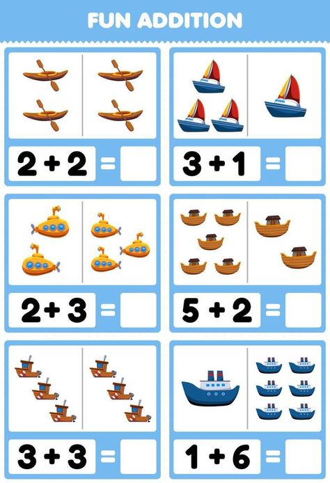 Education game for children fun addition by counting and sum cute cartoon water transportation kayak sailboat submarine ark boat ferry ship pictures worksheet Water Transportation Worksheet, Water Transportation Activities, Experiments For Kids Easy, Math Cartoons, Transportation Preschool Activities, Preschool Activities Printable, Transportation Activities, Cartoon Water, Ship Pictures