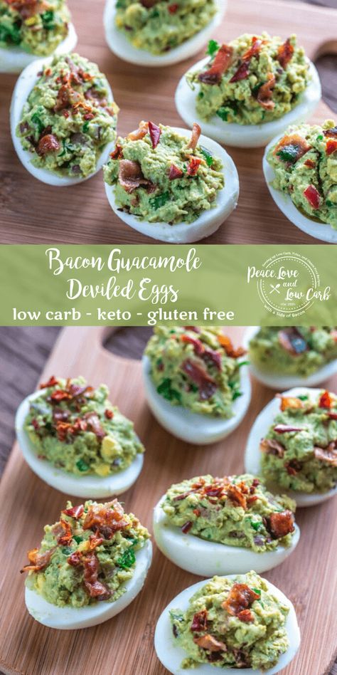 The perfect keto Whole30 appetizer - Bacon Guacamole Deviled Eggs. Full of delicious healthy fats. They will keep you full for hours. Deviled Eggs Keto, Guacamole Deviled Eggs, Peace Love And Low Carb, Bacon Guacamole, Bacon Appetizers, Deviled Eggs Recipe, Perfect Keto, Guacamole Recipe, Diet Help