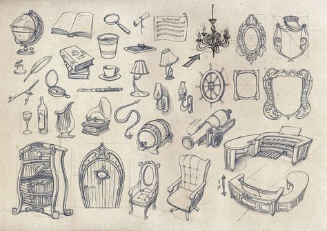 Props Illustration, Pirate Props, Pen Art Work, Props Concept, Concept Art Tutorial, Props Art, Fantasy Props, Isometric Art, Object Drawing