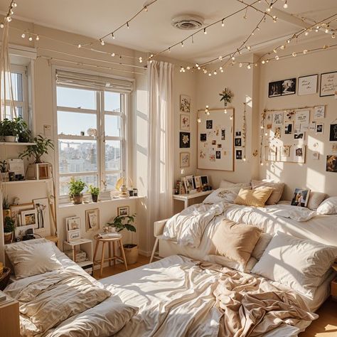 Cozy bed, aesthetic bedroom ideas, bedroom ideas, bedding ideas, cozy bedroom, home bliss Window Seat For Small Bedroom, Small Room With Window Seat, Travel Aesthetic Bedroom, Room With Two Beds, University Bedroom, White Blankets, Mini Bedroom, Cozy Dorm, Small Dorm Room