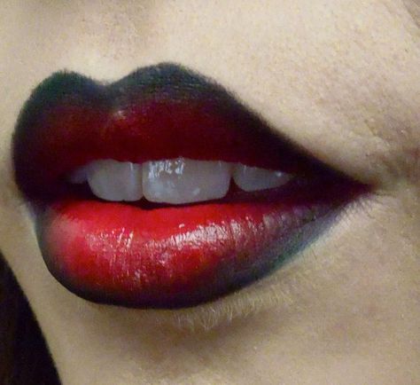 Black To Red Lips, Bat Lips Makeup, Red And Black Make Up Look, Black And Pink Lips, Red And Black Lip Combo Matte, Goth Red Lipstick, Red Black And White Makeup, Black Eyeshadow Red Lips, Red Lip With Black Liner