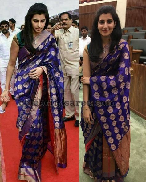 Nara Brahmani Benaras Saree Nara Brahmani Saree, Nara Brahmani, Benaras Sarees, Kanchi Sarees, Gold Jewelry Outfits, South Indian Sarees, Classy Outfits For Women, Saree Blouse Patterns, Saree Designs Party Wear