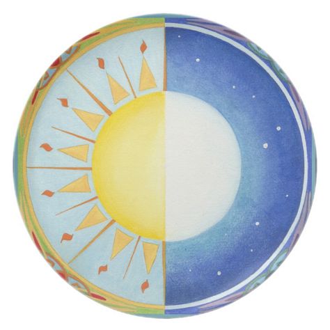 Wheel Of Year, Half Sun Half Moon, Vinyl Paintings, Half Sun, Sun Painting, Clay Plates, The Sun And Moon, Vernal Equinox, Time Table