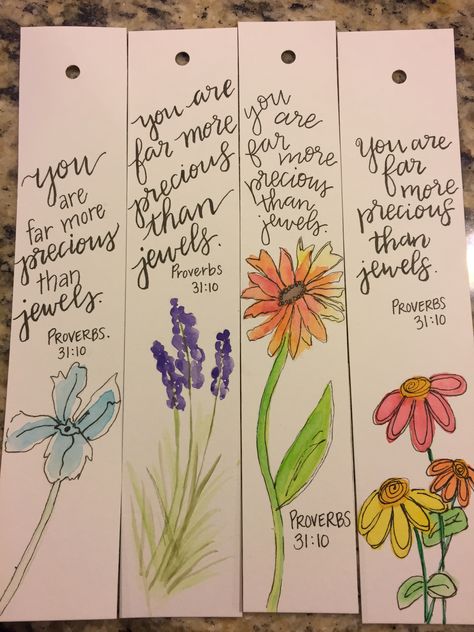 Proverbs 31 Craft Ideas, Christian Book Mark Ideas, Watercolor Bookmarks Quotes, Watercolor Bible Bookmarks, Watercolour Book Marks, Easy Watercolor Bookmark Ideas, Bible Bookmarks Diy, Watercolor Bookmark Ideas, Bible Verse Embroidery