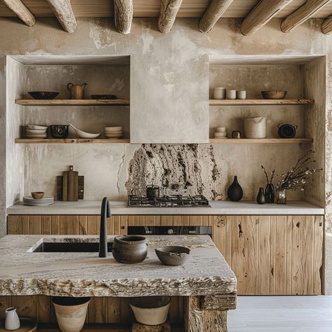 Adobe Kitchen, Modern Rustic Kitchen Design, Earthy Kitchen Design, Rustic Wood Kitchen, Cabin House Design, Earth Kitchen, Wabi Sabi Kitchen, Modern Rustic Kitchen, Earthy Kitchen