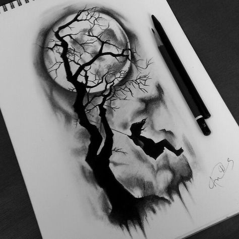 Spooky Tree Tattoo Designs, Dark Female Tattoo Ideas, Dark Times Tattoo, Goth Tree Tattoo, Dark Mens Tattoo, Eerie Tattoos Dark, Dark And Moody Tattoo, Scary Tree Tattoo, Dark Tree Drawing