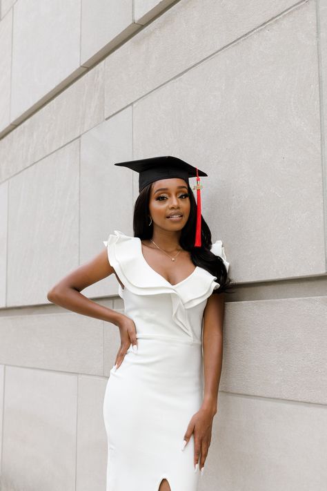 Dress For Graduation University, Black Girls Graduation, Black Grad Pics, College Grad Pics Black Women, Graduation Dress Designs, Black Female Graduates, Graudtion Photoshoots Black, Senior Picture Makeup, Grad Picture Ideas