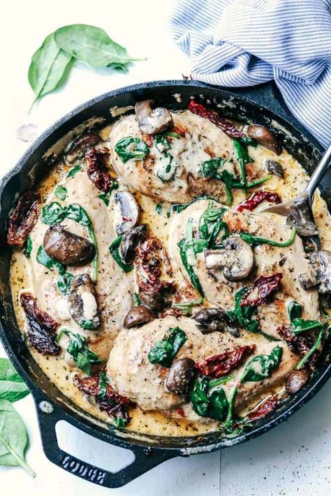 Skillet Creamy Chicken Mushroom Florentine Chicken Mushroom Florentine, Skillet Creamy Chicken, Mushroom Florentine, Chicken Florentine Recipe, Creamy Chicken Mushroom, Florentine Recipe, Florentines Recipe, Creamy Tuscan Garlic Chicken, Creamy Mushroom Chicken