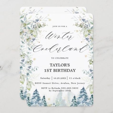 $ 3.09 | Chic Alpine Trees Winter Onederland 1st Birthday #cool tone blue silver white, gender neutral boy girl, pastel soft delicate greenery, alpine snowy mountain trees, winter onederland wonderland, watercolor chic whimsical, 1st birthday party turning one, typography calligraphy, hand lettering script, winter greenery first birthday party Alpine Tree, Mountain Trees, Winter Greenery, Typography Calligraphy, 1st Birthday Invitation, Snowy Mountain, Winter Onederland, 1st Birthday Invitations, First Birthday Invitations