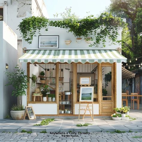 Cafe Shop Design Exterior, Small Bakery Exterior Design, Garden Cafe Interior Design, Cafe Outside Aesthetic, Farmhouse Bakery Decor, Cafe Awning Store Fronts, Bakery House Design, Art Shop Exterior, Indoor Coffee Shop Design