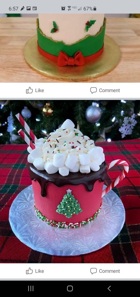 Unique Christmas Cake Designs, Christmas Themed Cakes Simple, Candy Cane Cake Decoration, Cake Christmas Ideas, Christmas Mini Cake Designs, Hot Chocolate Cake Design, Santa Hat Cake, Cake Decorating For Christmas, Candy Cane Cake Ideas