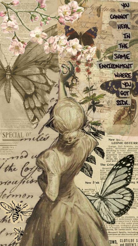 Butterfly Aesthetic Wallpaper Vintage, Butterflies Aesthetic Vintage, Cottagecore Vintage Aesthetic, Collage Butterfly, Nature Cottagecore, Vintage Paper Textures, Moodboard Collage, Wedding Dress Sketches, Diy Photo Book