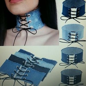 Wide Choker Necklace, Denim Choker, Ropa Upcycling, Necktie Crafts, Diy Choker, Gothic Lace, Day Collar, Denim Jewelry, Necklace Collar