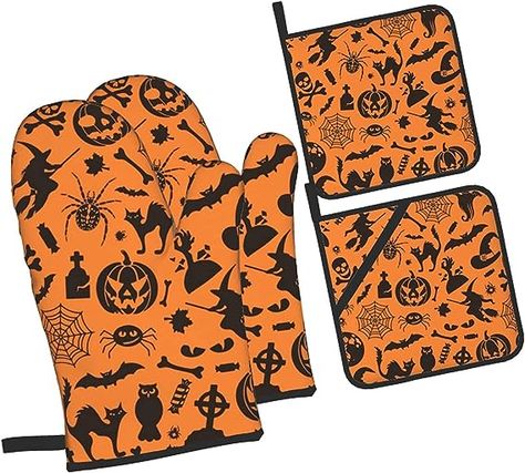 Amazon.com: Funny Halloween Black Pattern Oven Mitts and Pot Holders Sets for Kitchen Accessories and Decor BBQ Cooking Oven Gloves Heat Resistant Mat Non-Slip for Baking Grilling Microwave : Home & Kitchen Microwave Grill, Old Cabin, Oven Mitts And Pot Holders, Oven Gloves, Oven Cooking, Oven Glove, Halloween Black, Halloween Accessories, Oven Mitts