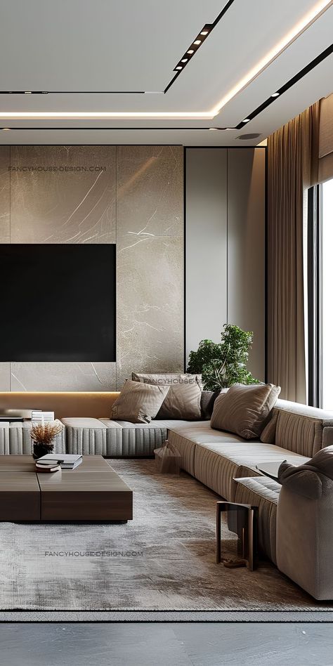 The modern design of this living room, featuring plush fabrics and a marble TV wall, enhances both comfort and style. Tv Wall Panel, Living Room Lighting Design, Lights Decor, Wall Panel Design, Lamps Floor, Tv Room Design, Lamp Pendant, Designer Living, Trendy Living Rooms