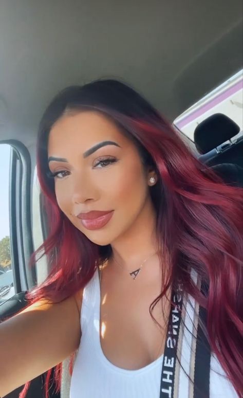 Red Hair With Front Highlights, Dark Red Hair Color With Money Piece, Burgandy Hair With Money Pieces, Dark Red Money Piece Hair, Burgundy Hair With Dark Roots, Burgundy Money Piece, Burgundy Bayalage Hair, Cherry Red And Black Hair, Black Hair Red Money Piece