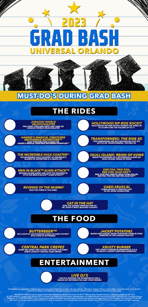 Attending Grad Bash this year? We've made a "must-do" list just for you! What are you looking forward to most? Grad Bash Outfit Ideas Universal, Grad Bash Outfit Ideas, Universal Parks, Youth Groups, Skull Island, Universal Studios Florida, Universal Orlando Resort, Universal Studios Orlando, Universal Studios Hollywood