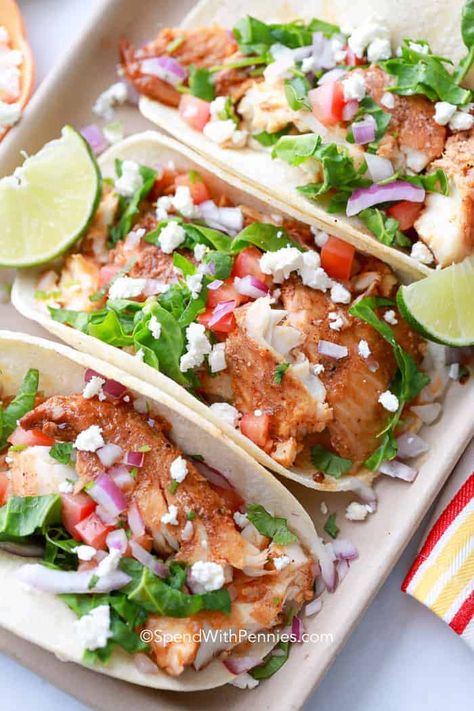 Easy Fish Tacos are the perfect weeknight meal and go from fridge to table in about 20 minutes! #spendwithpennies #fishtacos #easyrecipe #tacorecipe #taconight #30minutemeal #20minutemeal #tilapiarecipe #fishrecipe #seafood #bestfishtacorecipe Easy Fish Taco Recipe, Best Fish Taco Recipe, Fish Taco Sauce, Easy Fish Tacos, Dorito Casserole, Blt Pasta, Homemade Spice Mix, Fish Taco, Tilapia Recipes