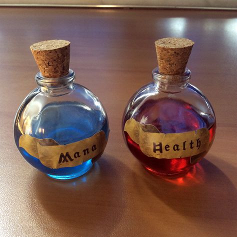 Mana / Health Potion Decor Bottles on Behance Shrek Potion Bottle, Potion Bottle Drinks, Potion Party Ideas, Shrek Aesthetic Party, D&d Birthday Party Ideas, Potion Decor, Shrek Wedding, Mana Potion, Health Potion