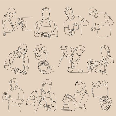 Set of line art of barista pouring milk ... | Premium Vector #Freepik #vector #coffee-line-art #coffee-doodle #cafe #coffee-bar Cafe Illust, Cafe Illustration Art, Barista Illustration, Cafe Doodle, Coffee Vector Illustration, Barista Art, Coffee Line, Coffee Doodle, Doodle People