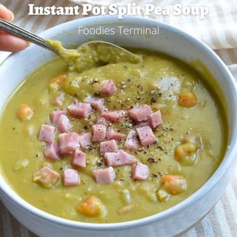 Instant Pot Split Pea Soup is made with nutritious green spilt peas, fresh veggies, diced ham & simple seasonings. You can make this savory & filling soup effortlessly under 30 mins. This classic split pea soup with ham freezes beautifully and tastes just like it has been simmered for hours! Instant Pot Split Pea And Ham Soup, Instant Pot Stuffed Pepper Soup, Mutton Rogan Josh, Instant Pot Split Pea Soup, Rogan Josh Recipe, Instant Pot Split Pea, Chili's Chicken Enchilada Soup, Chicken Madras, Soup With Sausage