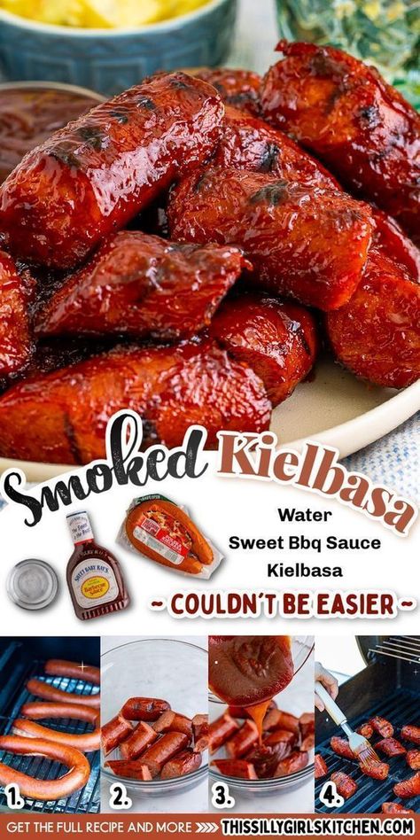 This Silly Girl's Kitchen shares a fun and unique recipe, this Smoked Kielbasa is a great appetizer, side dish, or main dish served along with any and all your favorite sides. It’s super simple with minimal ingredients, but it packs a ton of flavor! Check it out! Marinated Pork Chops Grilled, Smoked Kielbasa, Grilled Kielbasa, Sweet Bbq Sauce, Kielbasa Recipes, Barbeque Recipes, Bbq Side Dishes, Unique Recipe, Meat Dinners