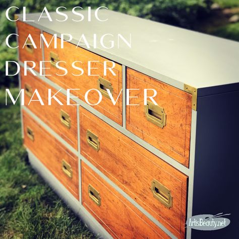 Campaign Dresser Makeover, Paint Driftwood, Diy Bedroom Furniture, Metallic Gold Spray Paint, Rustoleum Metallic, Gray Painted Furniture, Dresser Vintage, Campaign Dresser, Dresser Wood