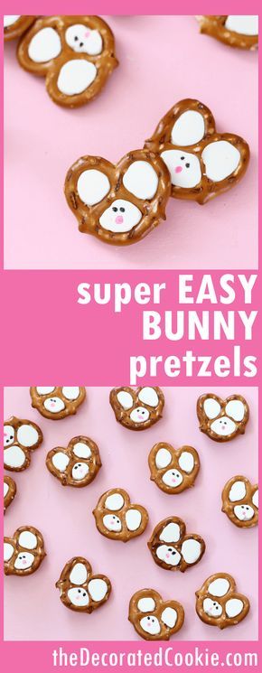 Easy Easter bunny pretzels -- chocolate pretzels Bunny Pretzels, Idea For Easter, Easter Food Crafts, Pretzel Treats, Easter Appetizers, Easter Snacks, Easter Sweets, Kid Desserts, Easter Baking