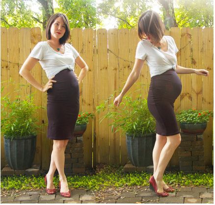 Maternity look: knotted shirt with pencil skirt | 24 Awesome Maternity Outfits You Can Make Yourself Maternity Skirt Pattern, Diy Maternity Clothes, Maternity Sewing Patterns, Maternity Patterns, Maternity Sewing, Diy Vetement, Pregnancy Looks, Mommy Style, Skirt Patterns Sewing