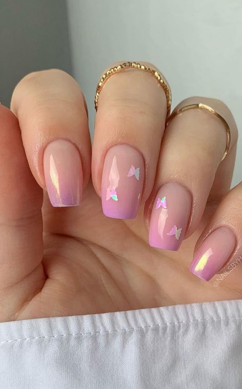 Butterfly Nails Short, Nails Butterflies, Iridescent Butterfly, French Tip Nail Art, Butterfly Nail Designs, Cute Pink Nails, Butterfly Nails, Pink Acrylic, Short Acrylic Nails Designs