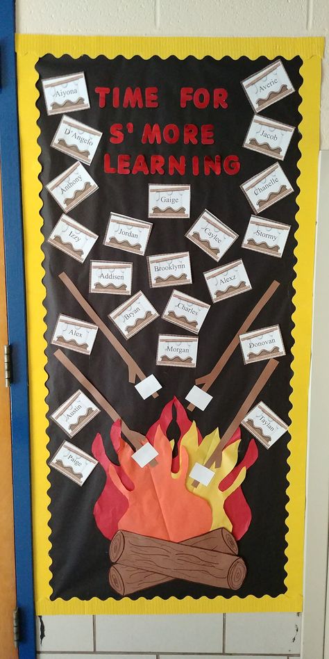 Camping Theme Doors At School, Camp Fire Bulletin Boards, Smores Classroom Door, Fall Camping Classroom Door, S'more Classroom Door Decoration, Smore Themed Classroom Door, Woodland School Theme, Camp Door Decorations Classroom, Camping Classroom Door Ideas