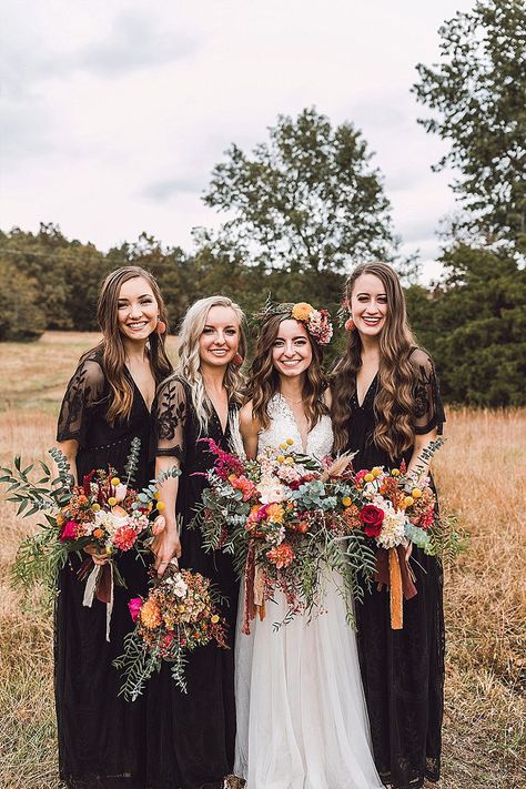 Black Bohemian Wedding, Colorful Forest Wedding, Fall Wedding In The Woods, Wedding Colors With Black, Boho Black Wedding, Black Bridesmaid Dresses Fall, Black Fall Wedding, Black Boho Wedding, Fall Forest Wedding