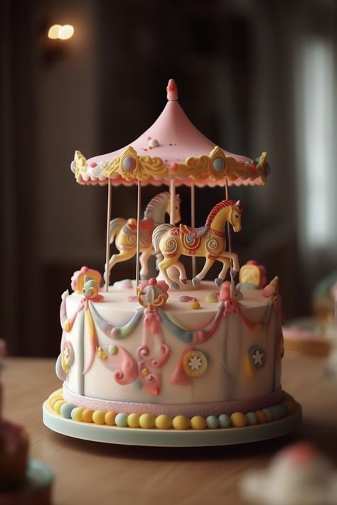 Merry Go Round Cake Ideas, Carousel Cake Girl, Merry Go Round Cake, Carousel Cake Ideas, Pink Circus Cake, Pastel Carnival Cake, Carousel Birthday Cake, Carousel Cake Topper, Gingerbread Carousel