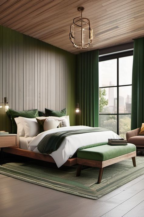 Green, wood modern living master room Sleepout Design, Male Bedroom Ideas, Master Room, Modern Masters, Green Bedding, Elegant Bedroom, Wood Bedroom, Green Wood, Master Bedding